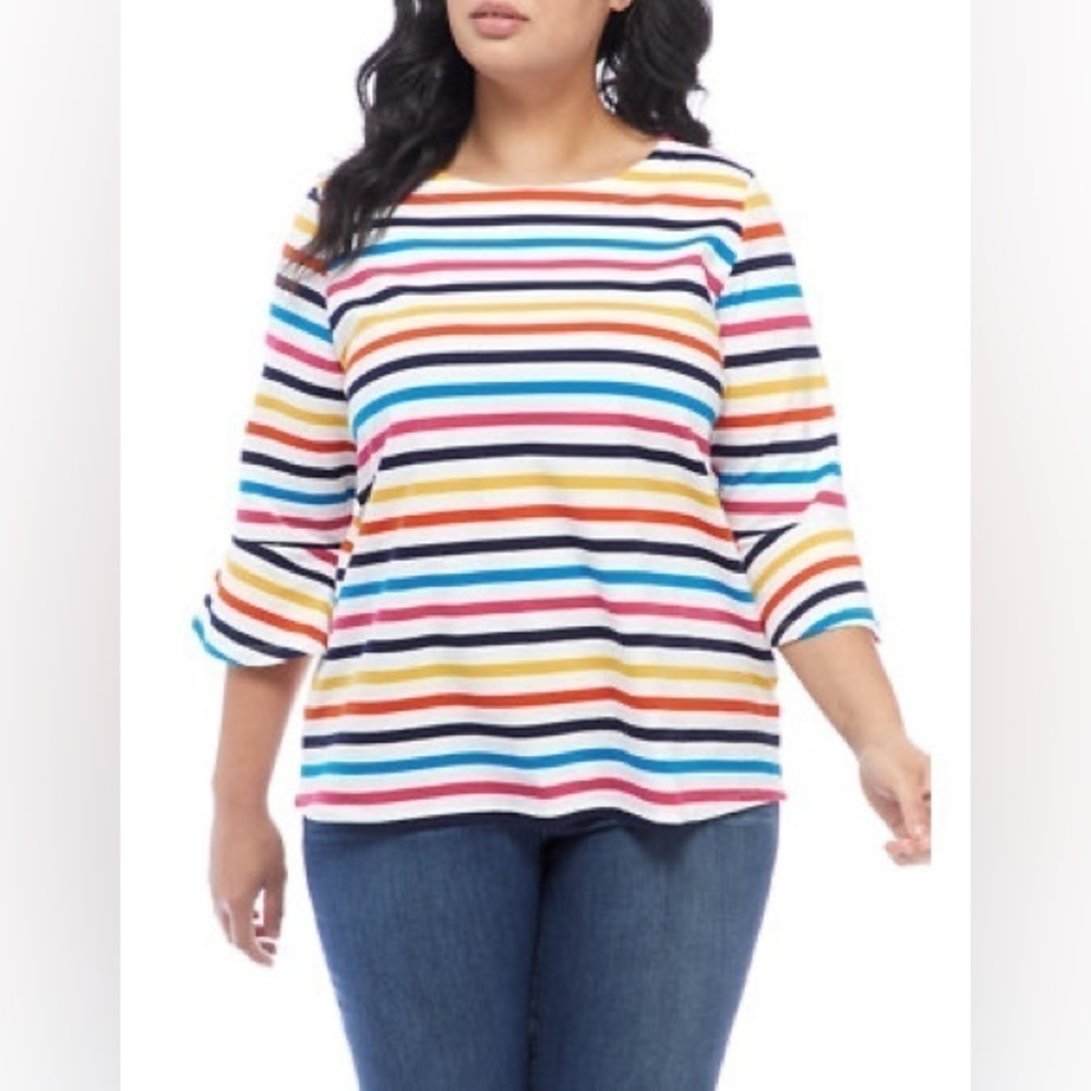 KIM‎ ROGERS STRIPED 3/4 RUFFLE Bell Sleeve Top - Picture 10 of 11